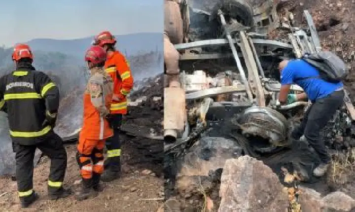 Motorista morre carbonizado após acidente entre carretas em Cáceres.