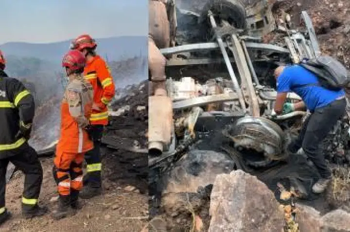 Motorista morre carbonizado após acidente entre carretas em Cáceres.