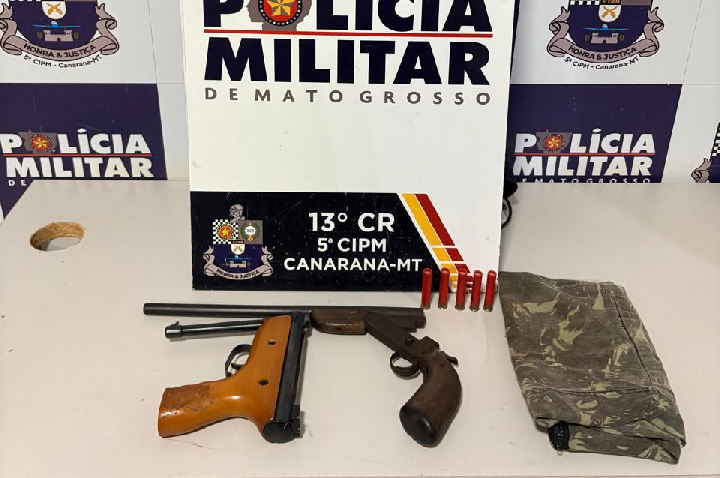 PM prende homem que agrediu esposa e familiares e apreende duas espingardas.