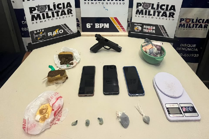 Polícia Militar conduz dois faccionados com arma de fogo e drogas em Cáceres.