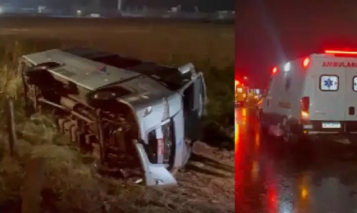 Van capota e 13 trabalhadores ficam presos às ferragens na BR-163.