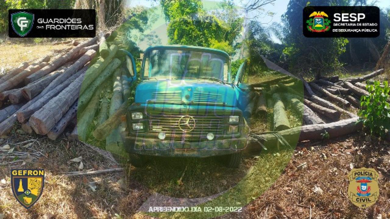GEFRON APREENDE CAMINHÃO E MADEIRAS APÓS EXTRAÇÃO ILEGAL EM FAZENDA NA FRONTEIRA
