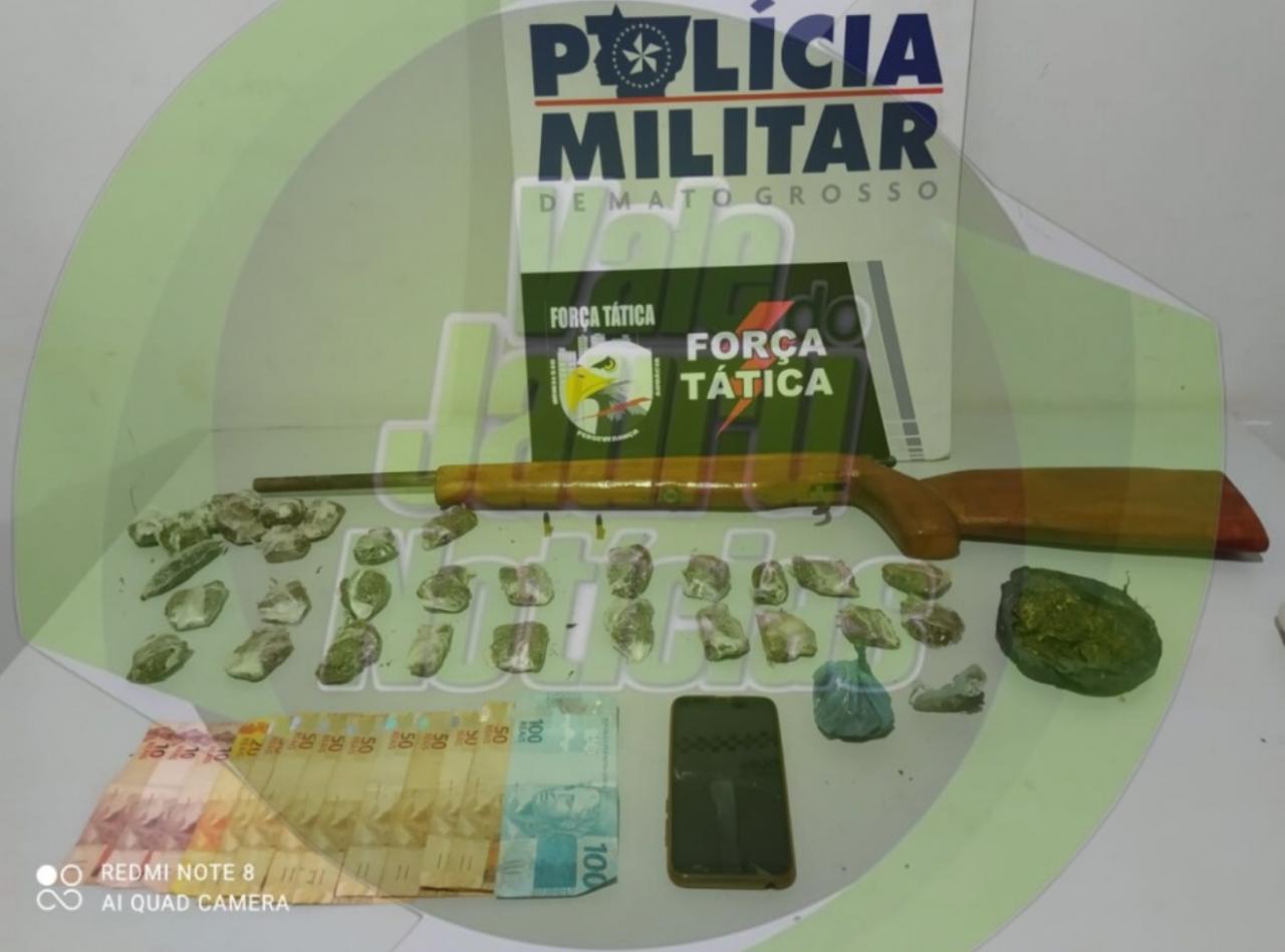 Força Tática prende suspeito de tráfico, drogas e arma em Tangará
