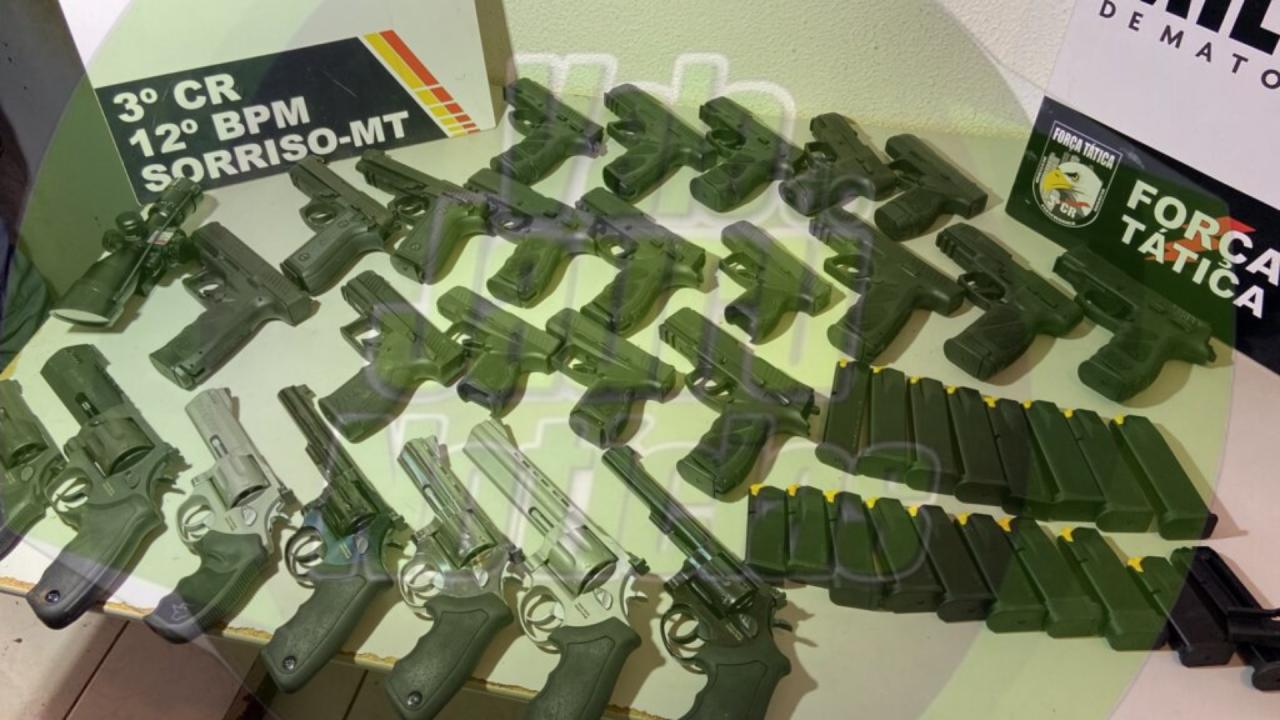 Polícia Militar recupera 28 armas furtadas de estabelecimento em Sorriso; três detidos