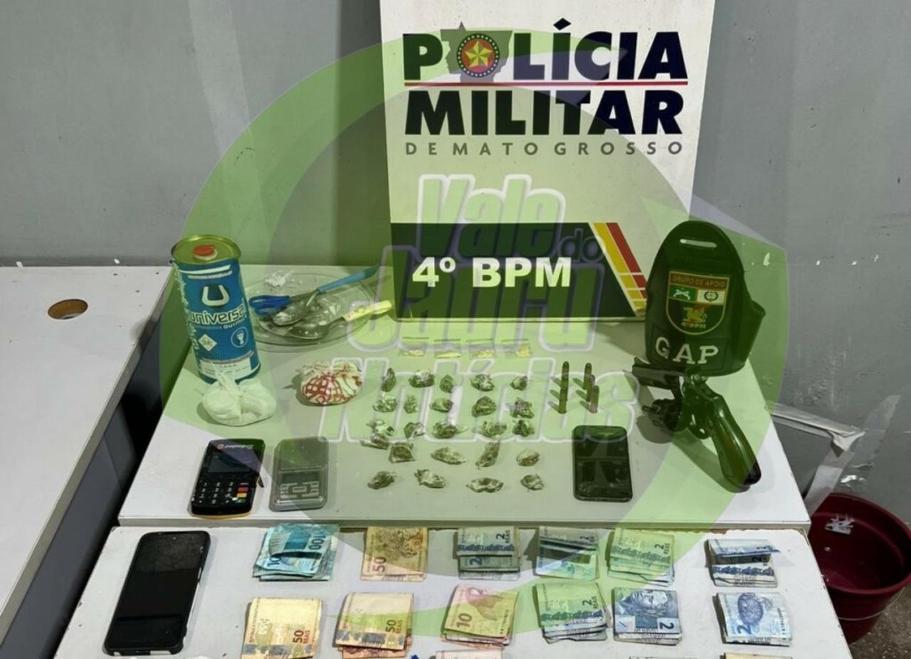 Polícia Militar prende dupla por tráfico de drogas, apreende arma e R$ 1,4 mil em Várzea Grande MT