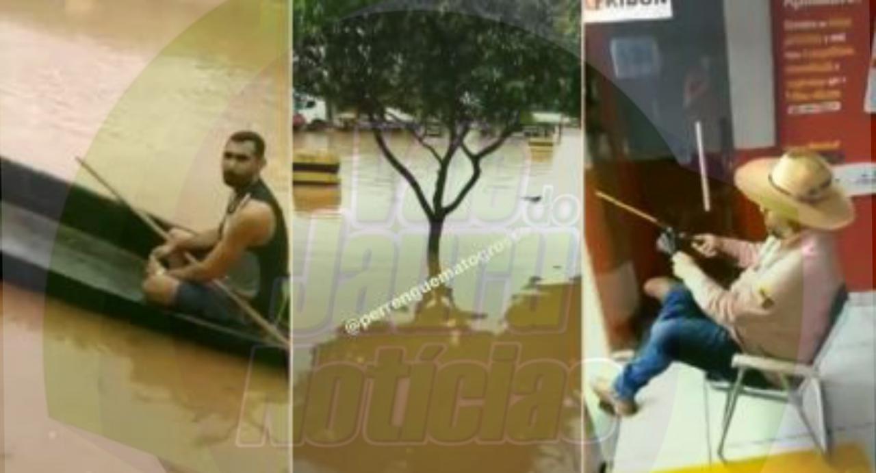 Temporal alaga cidade e moradores transitam de canoa pelas ruas de Nobres MT