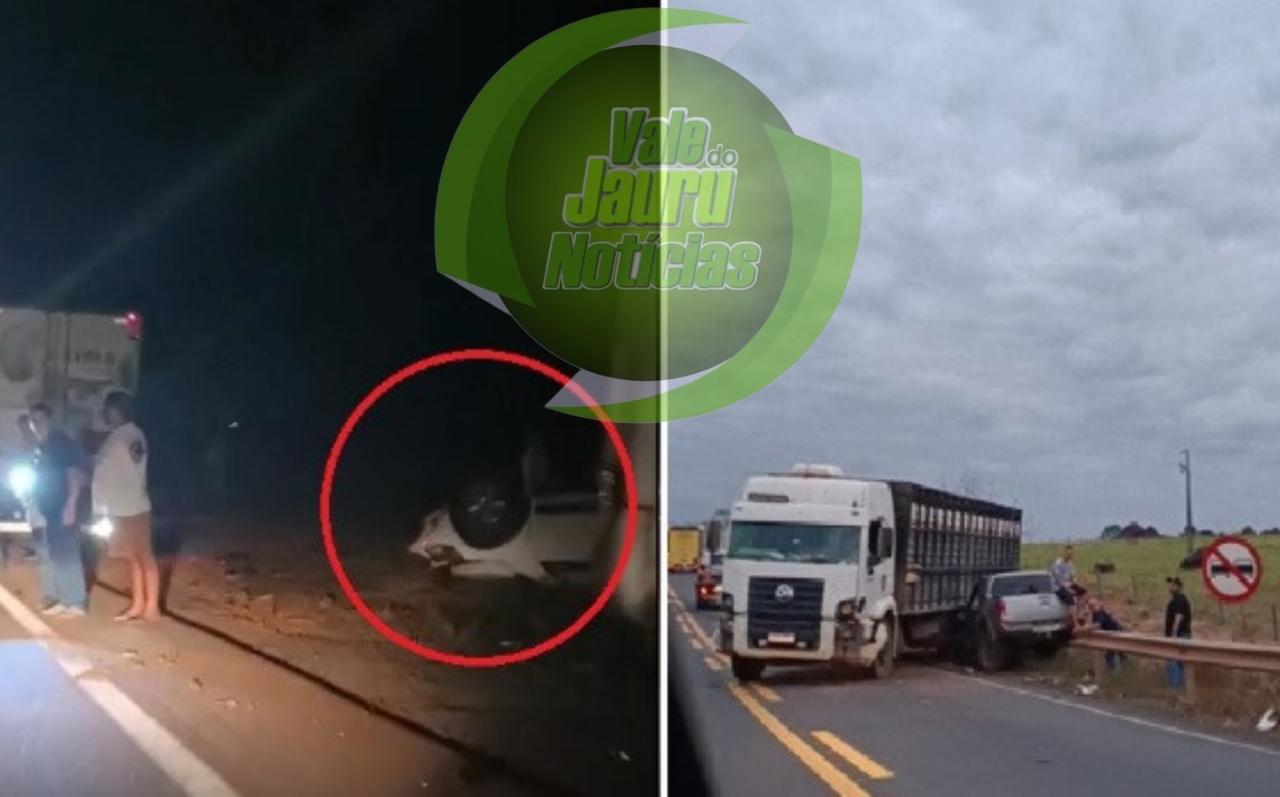 Mitsubishi para embaixo de caminhão e carro capota em acidente com micro-ônibus