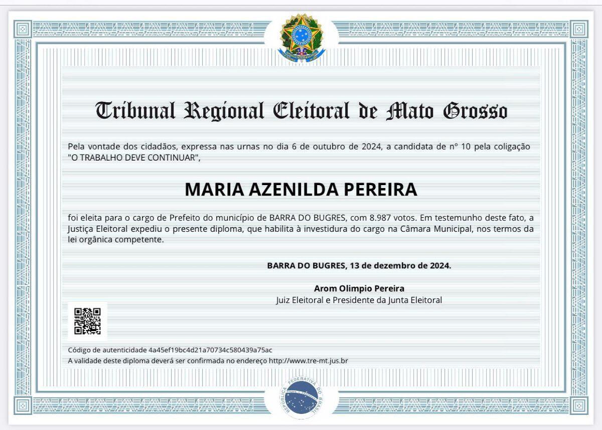 Azenilda Pereira é diplomada para novo mandato em Barra do Bugres
