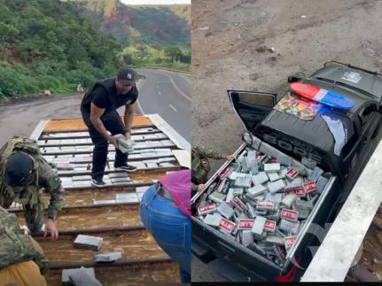 Vídeo - Bope, Gefron e PF apreendem meia tonelada de droga no teto de caminhão