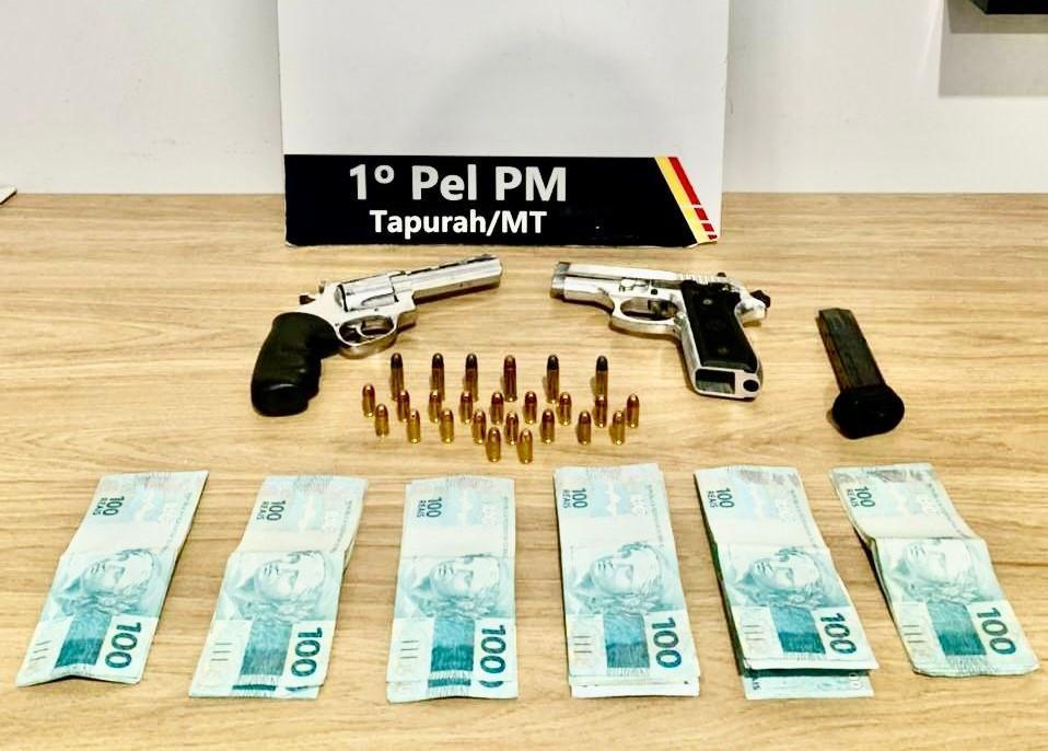 PM prende homem por porte ilegal de arma de fogo e apreende R$ 5,5 mil.