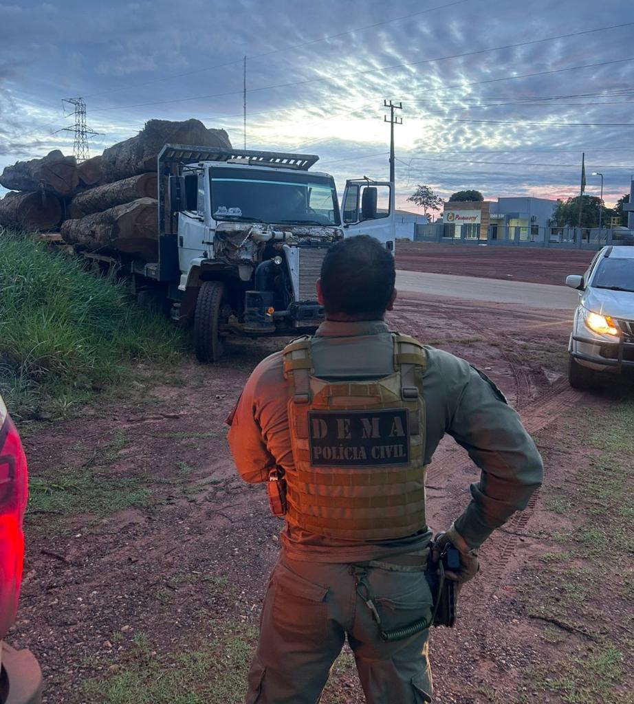 Polícia Civil apreende caminhão transportando 10 toras gigantes de madeira ilegal.
