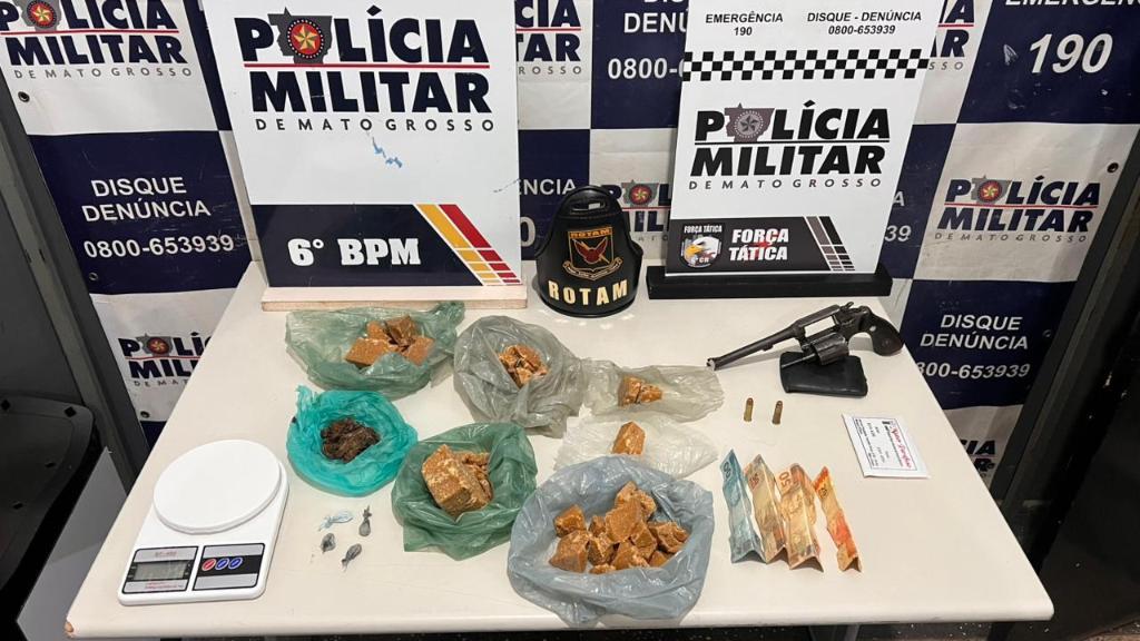 Rotam prende suspeito por tráfico ilícito de drogas e porte ilegal de arma em Cáceres.