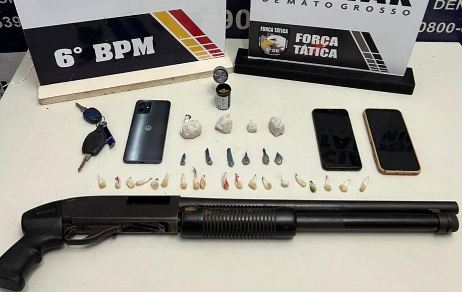 Polícia Militar detém três faccionados com espingarda e drogas em Cáceres.