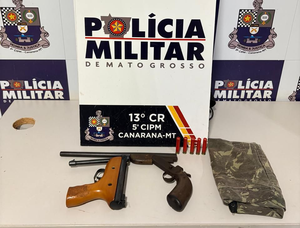 PM prende homem que agrediu esposa e familiares e apreende duas espingardas.