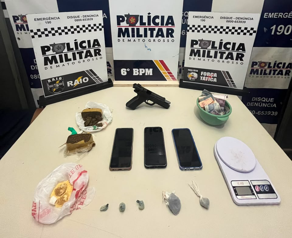 Polícia Militar conduz dois faccionados com arma de fogo e drogas em Cáceres.