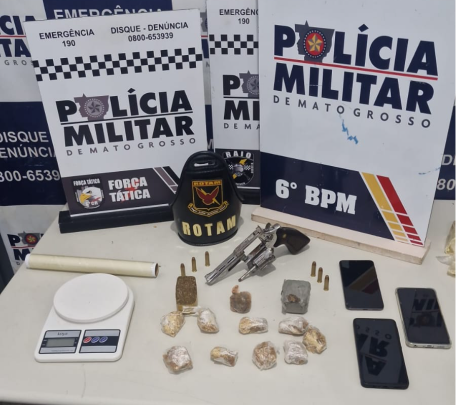 Polícia Militar prende dois faccionados com drogas e revólver em Cáceres.