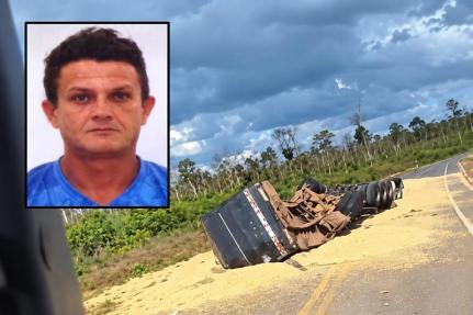 Motorista morre preso às ferragens após caminhão tombar.