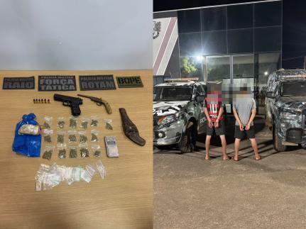 Suspeitos de roubo são presos com arma e drogas, um fugiu por matagal.