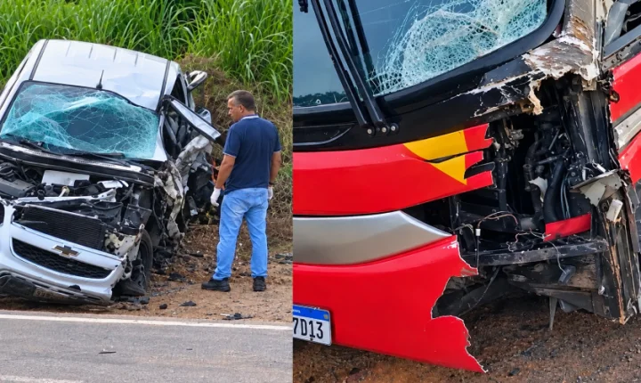 Motorista de S10 morre após acidente com ônibus no entroncamento da BR-163 com a MT-320.