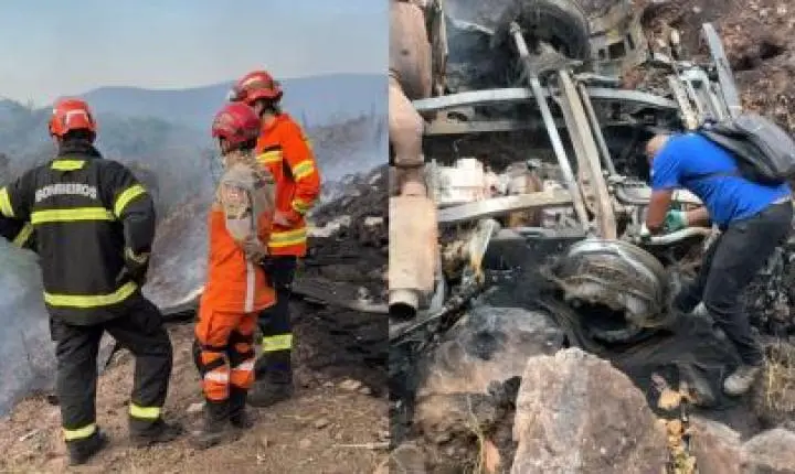 Motorista morre carbonizado após acidente entre carretas em Cáceres.