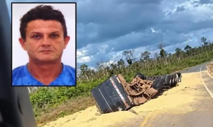 Motorista morre preso às ferragens após caminhão tombar.
